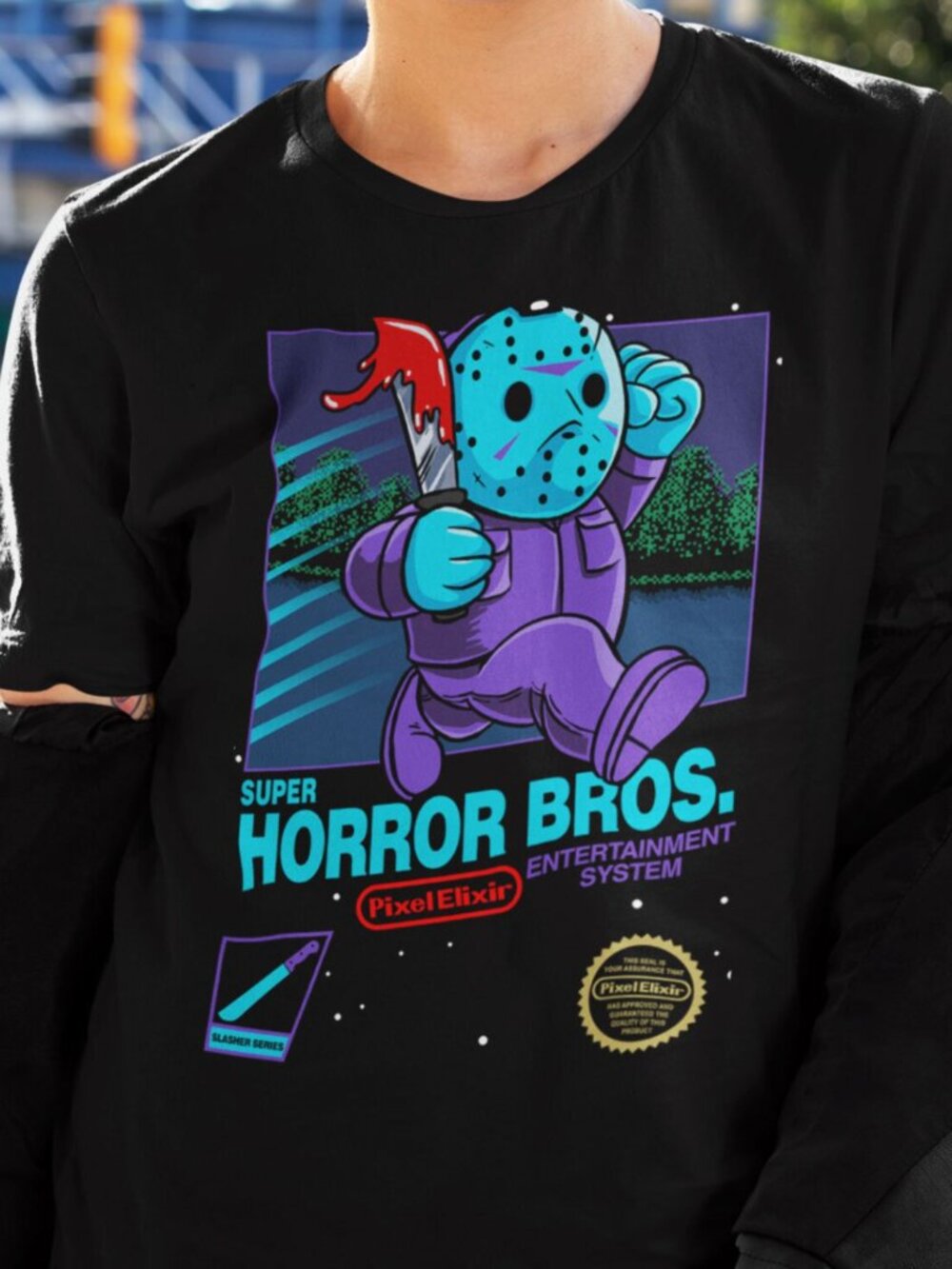 🟢3/$15 Pixel Elixir Super Horror Bros Jason Voorhees Graphic Tee Bella Canvas